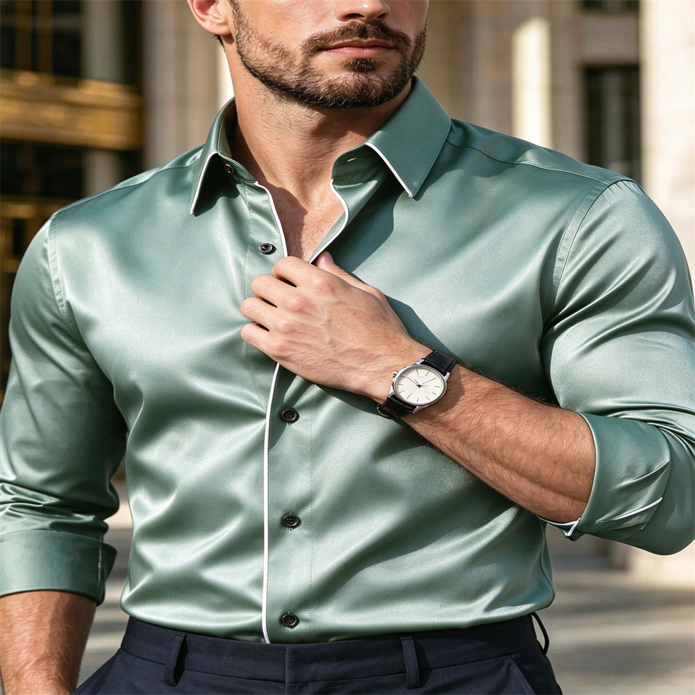 Mens Satin Silk Dress Shirt - Heren Slim Fit Satijnen Overhemd met